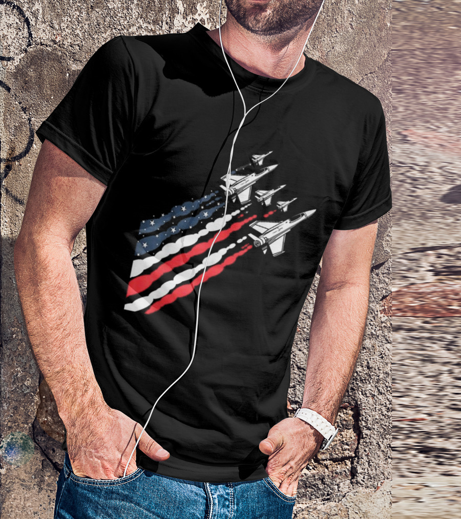 Vintage Patriotic Fighter Jet Airplane With American Flag Trail T-Shirt