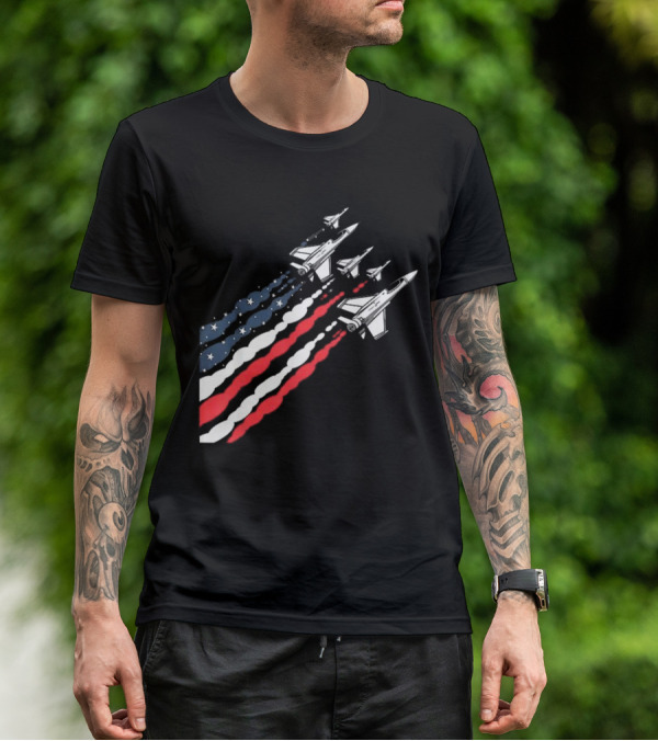 Vintage Patriotic Fighter Jet Airplane With American Flag Trail T-Shirt