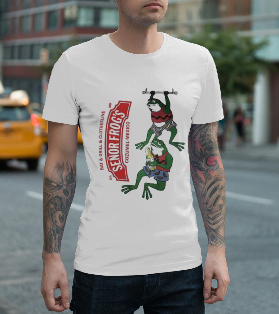 Senor Frog's Cozumel Mexico Bar and Grill Clothesline with Frogs in Striped Shirts and Shorts with Beer and Weights T-Shirt