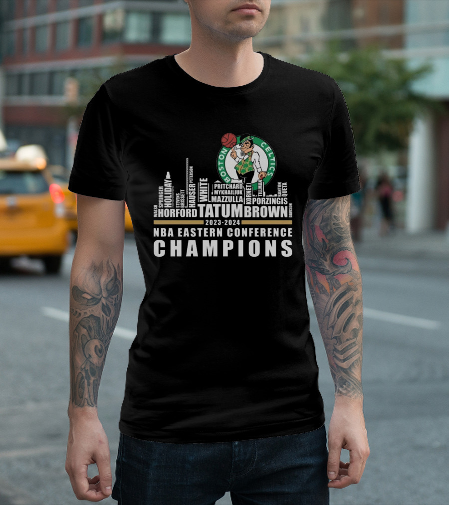 Boston Celtics 2023-2024 NBA Eastern Conference Champions Tatum Brown Skyline Montage T-Shirt