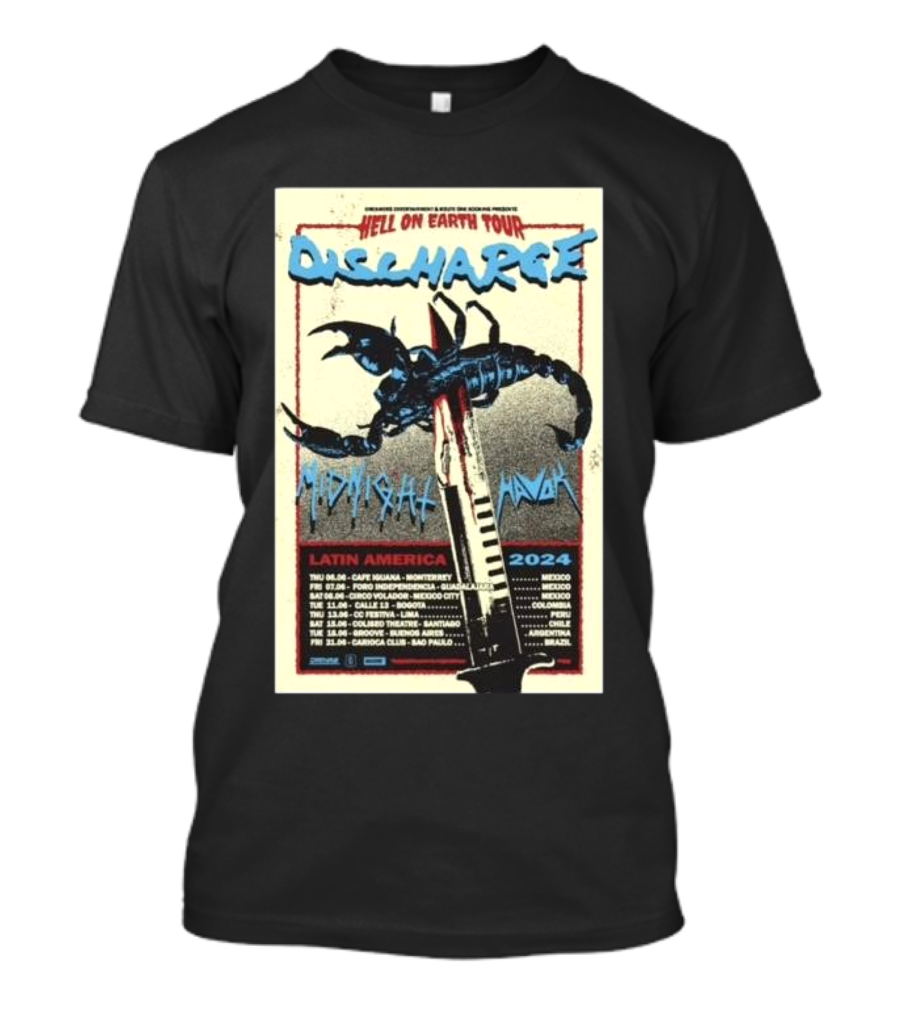 Hell On Earth Tour Discharge Midnight Havok Latin America 2024 Scorpion Knife T-Shirt