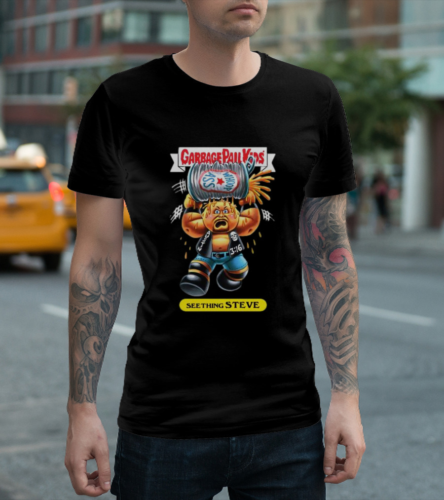 Garbage Pail Kids Seething Steve 3:16 Parody Character with Exploding Trash Can T-Shirt