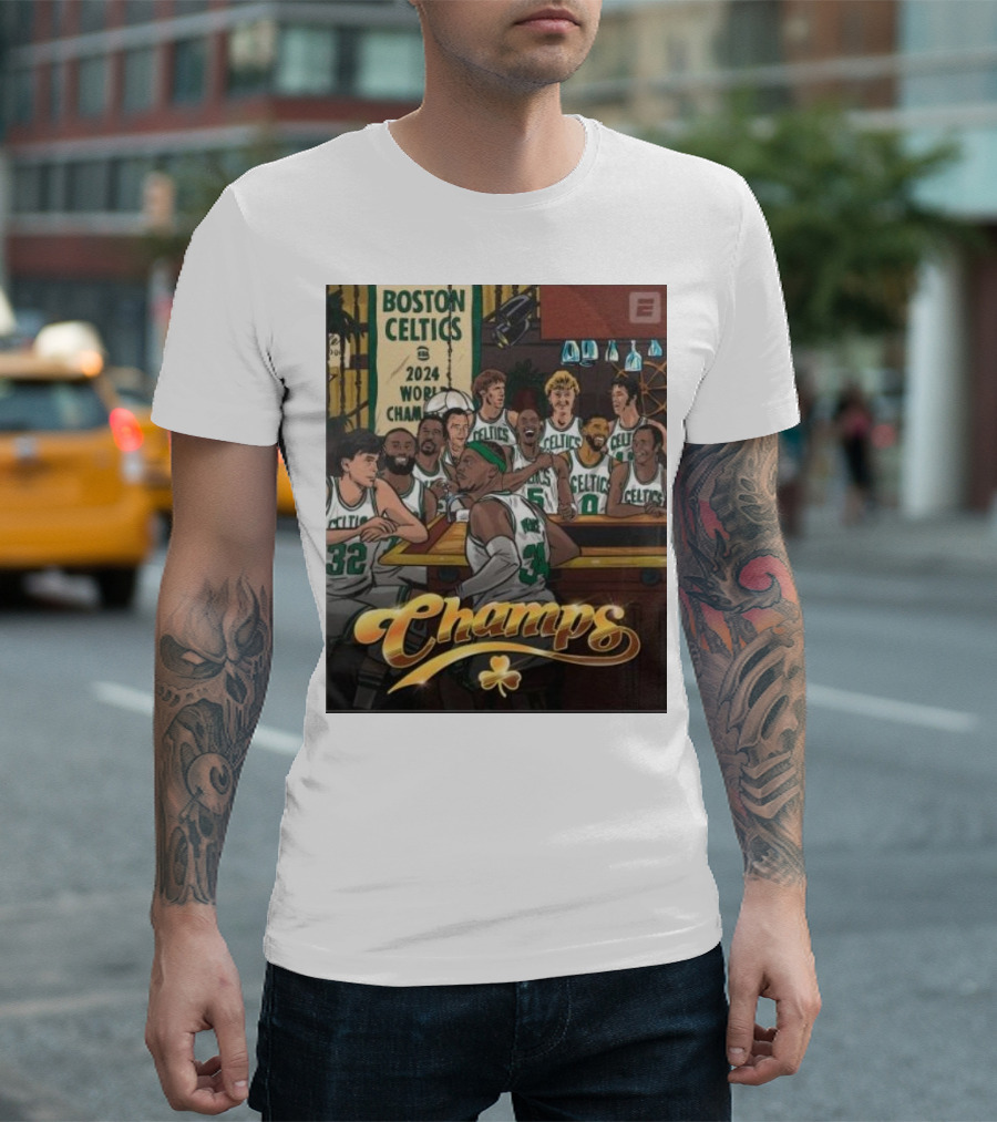 BOSTON CELTICS 2024 WORLD CHAMPS CELEBRATION WITH CHAMPS LETTERING AND CLOVERLEAF T-Shirt