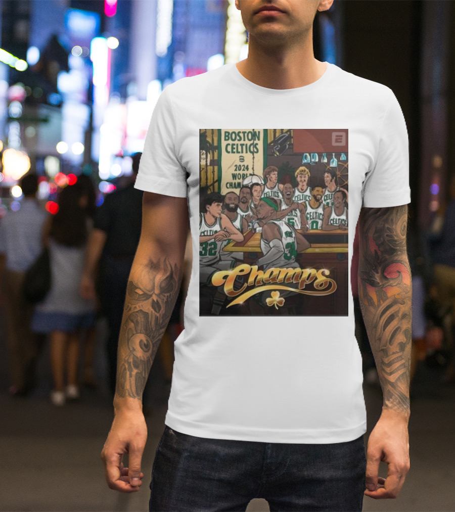 BOSTON CELTICS 2024 WORLD CHAMPS CELEBRATION WITH CHAMPS LETTERING AND CLOVERLEAF T-Shirt
