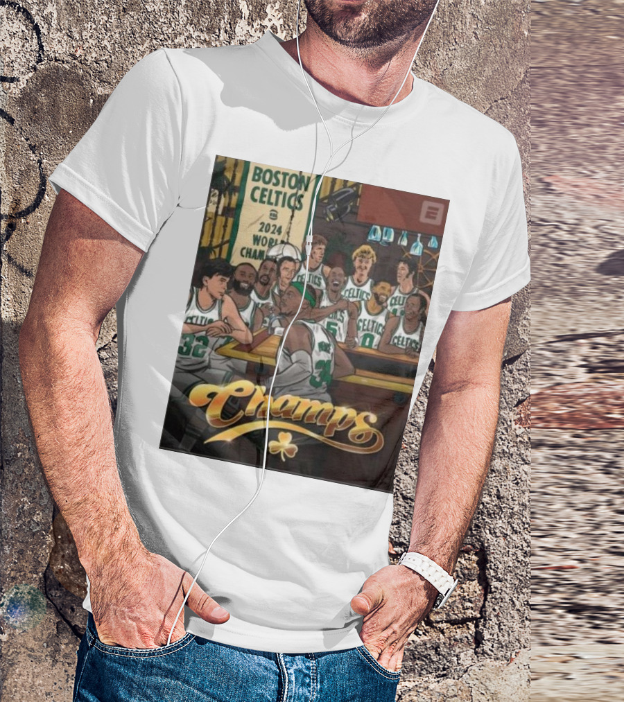 BOSTON CELTICS 2024 WORLD CHAMPS CELEBRATION WITH CHAMPS LETTERING AND CLOVERLEAF T-Shirt