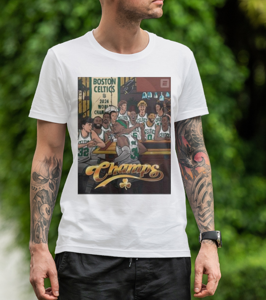 BOSTON CELTICS 2024 WORLD CHAMPS CELEBRATION WITH CHAMPS LETTERING AND CLOVERLEAF T-Shirt