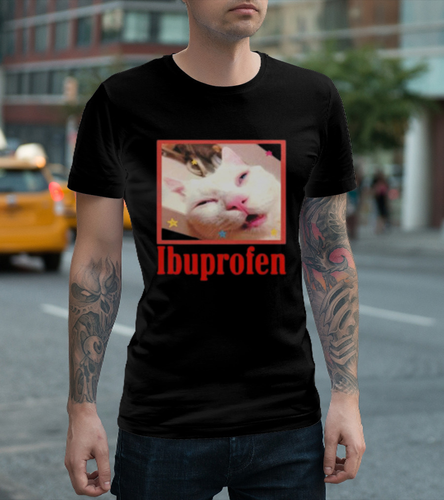 Ibuprofen Meme Cat with Distorted Face and Stars T-Shirt