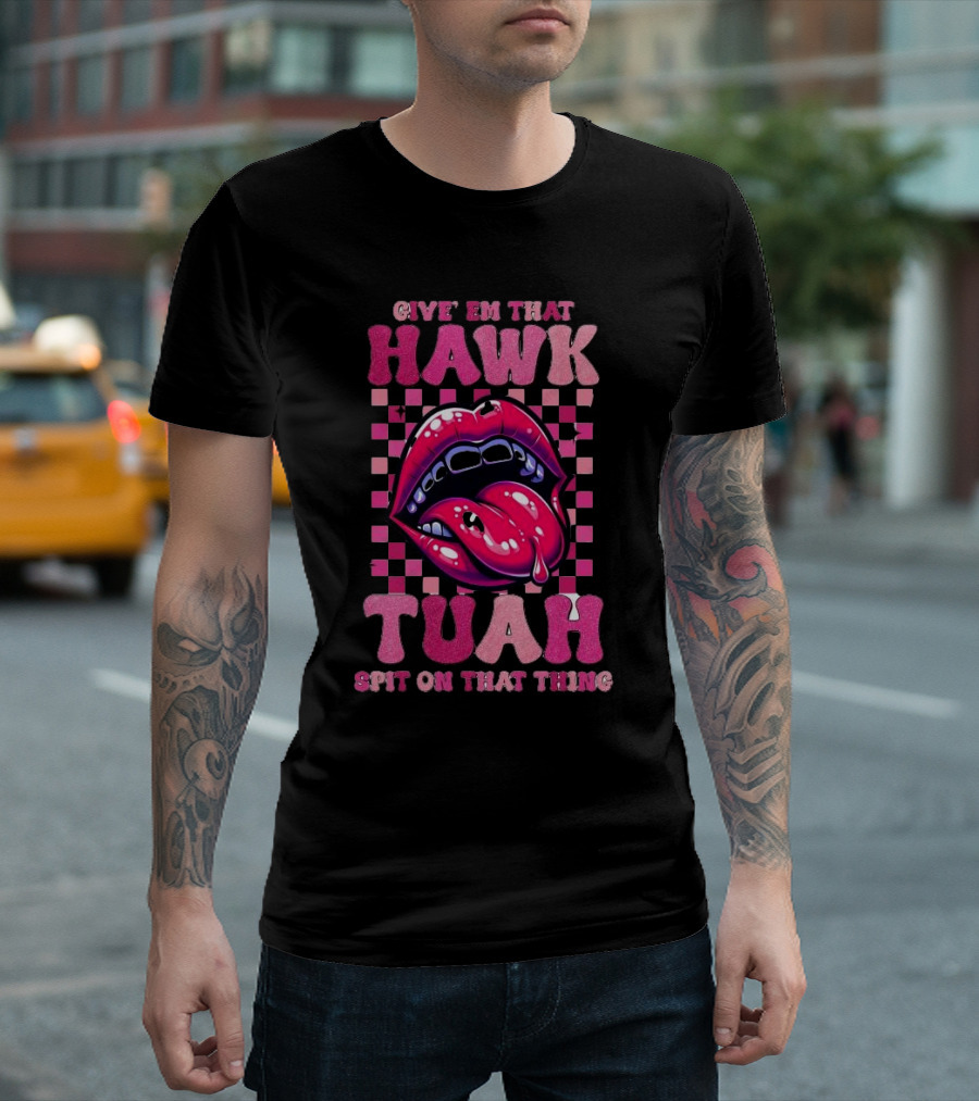 Give Em That Hawk Tuah Spit on That Thing Lip Design Pink Checkered Background T-Shirt