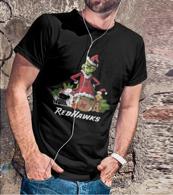 Grinch Santa And Dog With Miami RedHawks Rugby Helmet Merry Christmas T-Shirt