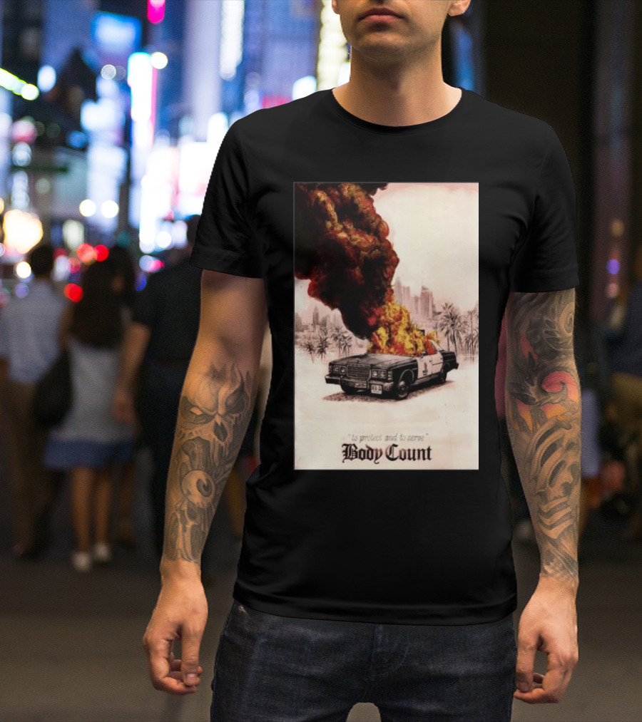 Body Count Clisson France June 28 2024 Burning Police Car Palm Trees T-Shirt