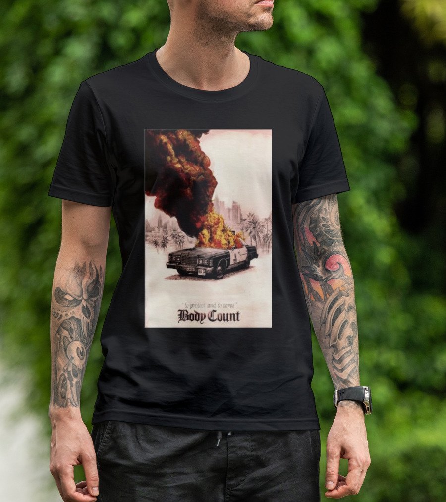 Body Count Clisson France June 28 2024 Burning Police Car Palm Trees T-Shirt