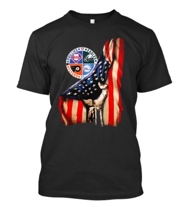Philadelphia Phillies Eagles Flyers 76ers Hand Pulling American Flag T-Shirt