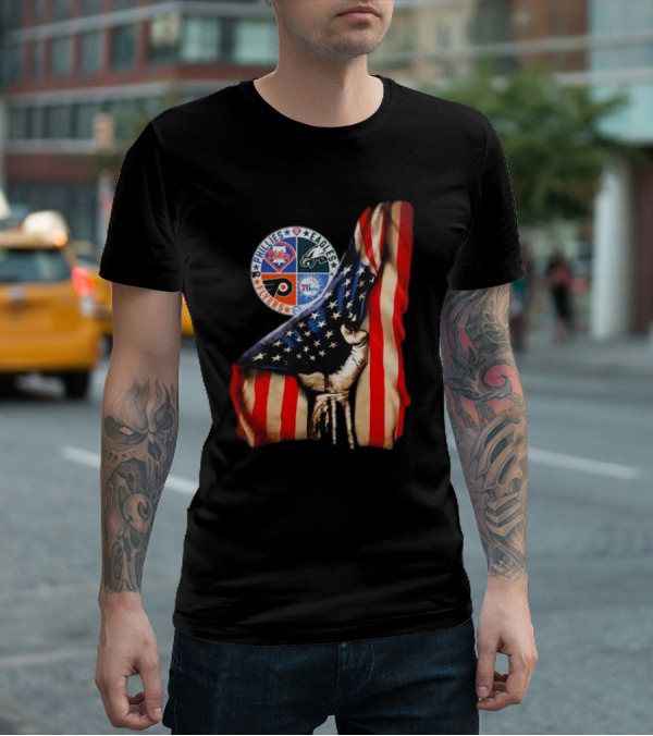 Philadelphia Phillies Eagles Flyers 76ers Hand Pulling American Flag T-Shirt