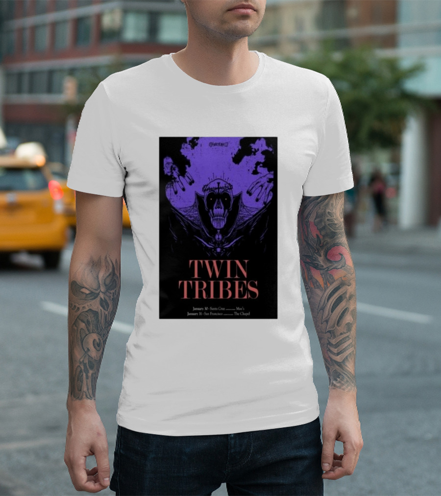 Twin Tribes January 30 2024 Santa Cruz Show Poster With Gothic Skull Motif And Hands T-Shirt