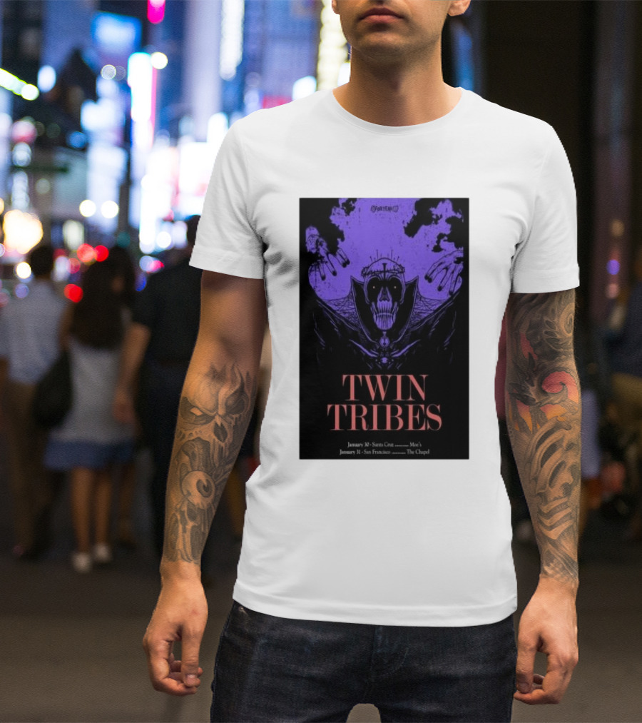 Twin Tribes January 30 2024 Santa Cruz Show Poster With Gothic Skull Motif And Hands T-Shirt