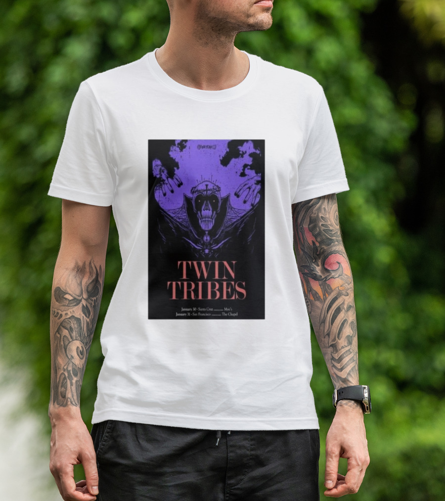 Twin Tribes January 30 2024 Santa Cruz Show Poster With Gothic Skull Motif And Hands T-Shirt