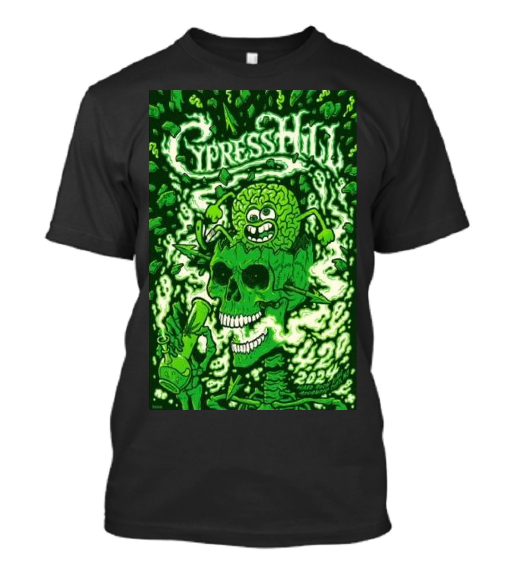 Cypress Hill 4-20-2024 Atlantic City NJ Green Skull Brain T-Shirt