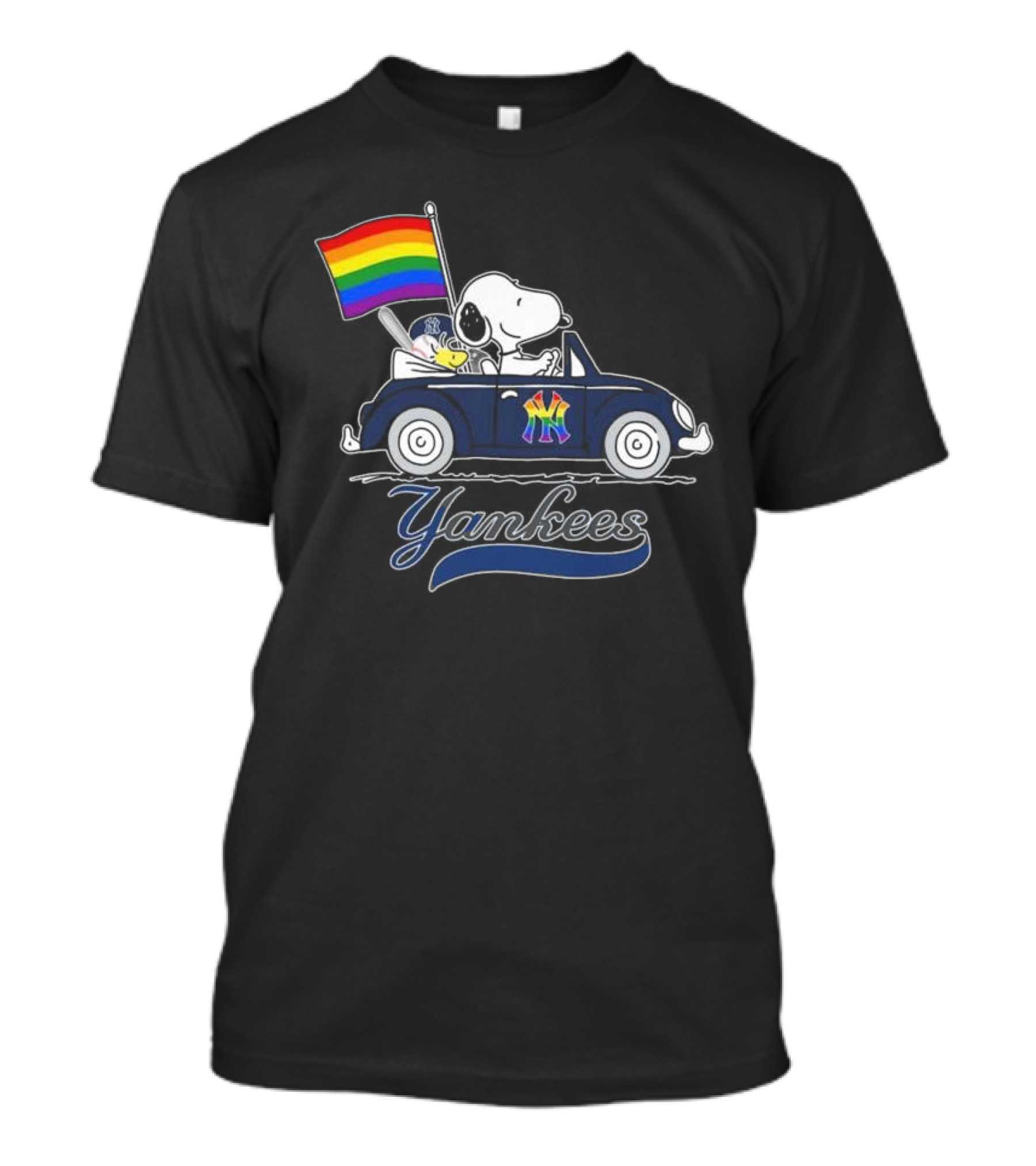 Snoopy Woodstock Driving With New York Yankees Pride Flag Yankees T-Shirt