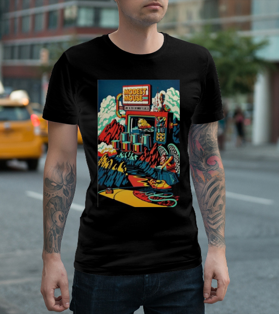 Modest Mouse Jun 30 2024 Greenwood Village CO Psychedelic Mountain Landscape with Winged Creature T-Shirt