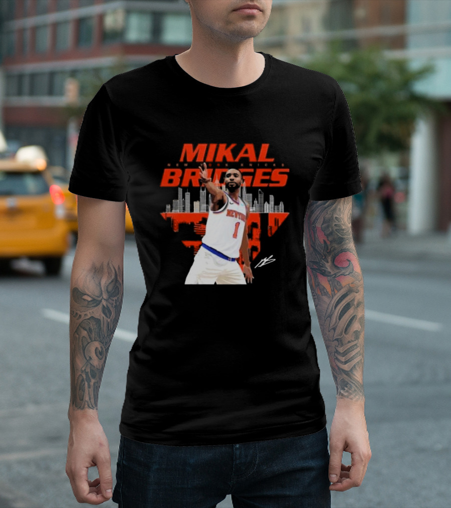 Mikal Bridges New York Knicks Skyline Signature Number 1 T-Shirt