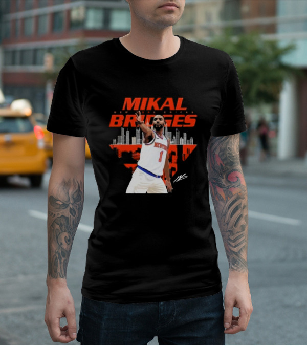 Mikal Bridges New York Knicks Skyline Signature Number 1 T-Shirt