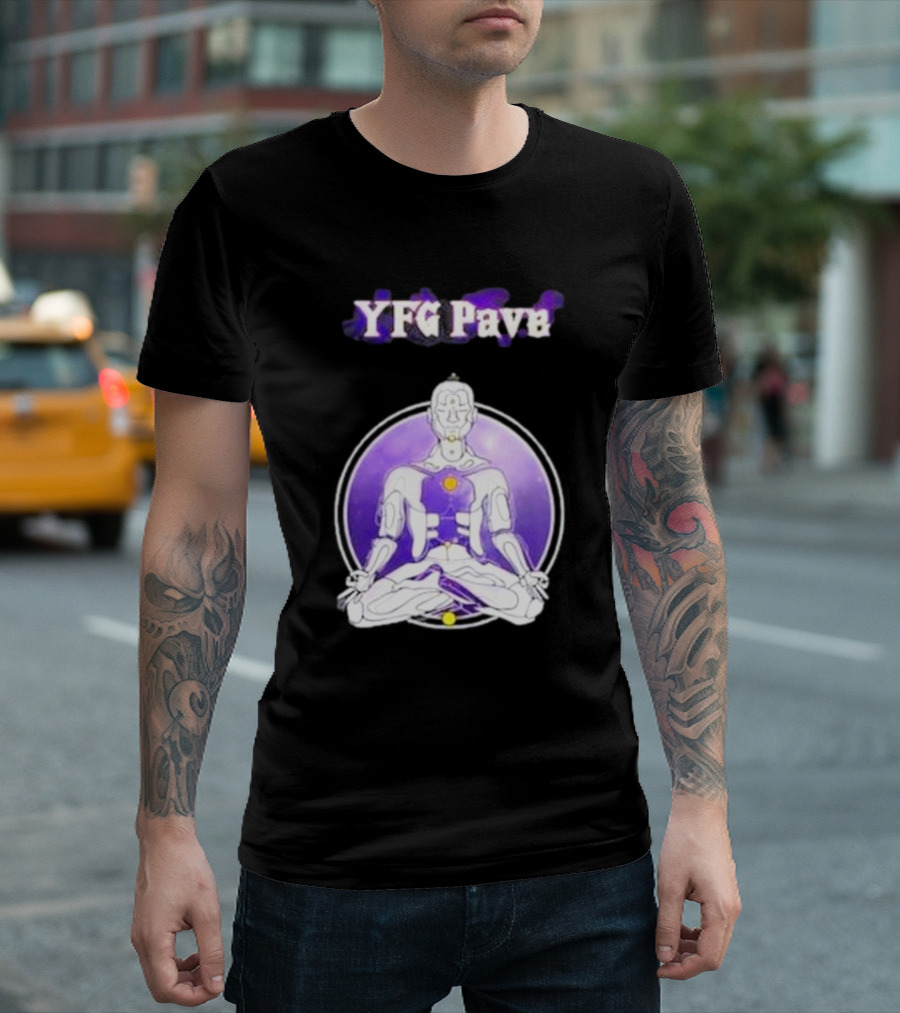 YFG Pave 444 Meditating Robotic Figure Purple Mandala T-Shirt
