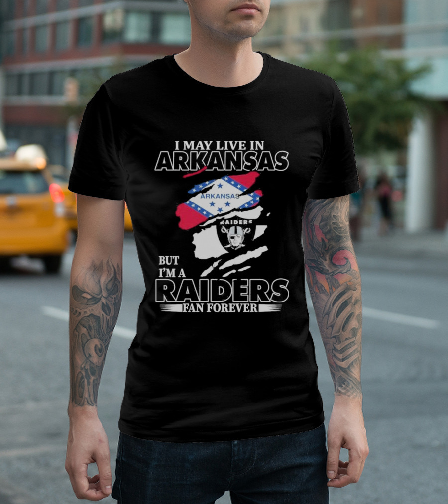 Las Vegas Raiders Fan Forever Living in Arkansas Raiders Flag and Emblem T-Shirt