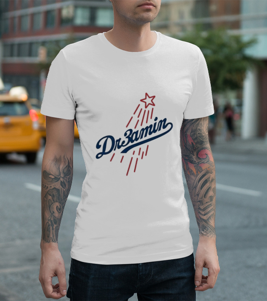 Dr3amin Red Star Streak White Clix Merch LA Star Crew T-Shirt