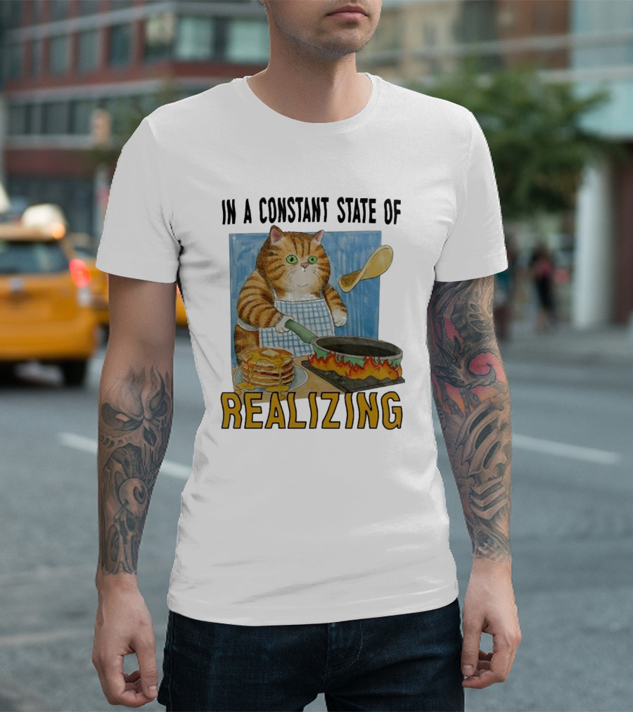In A Constant State Of Realizing Cat Cooking Pancakes Flame Pan T-Shirt