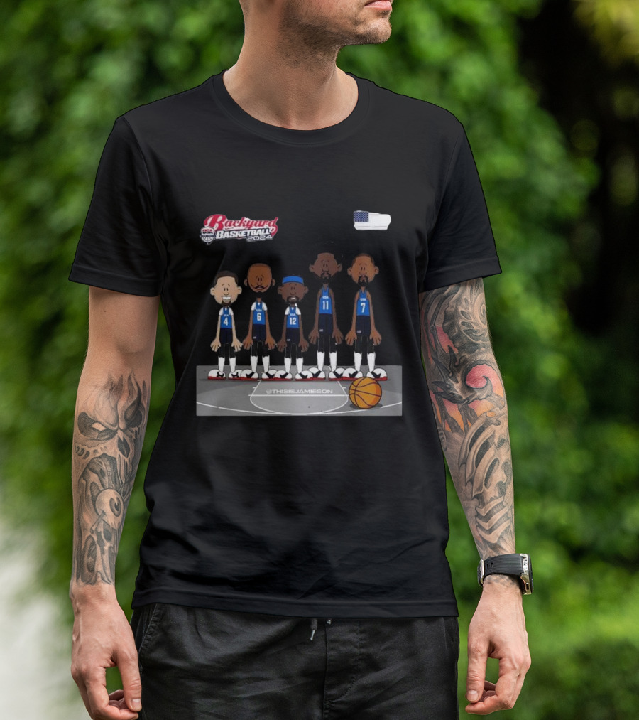 Usa Men’s Basketball Backyard Basketball 2024 @thisisjameson Retro Cartoon Team Lineup T-Shirt