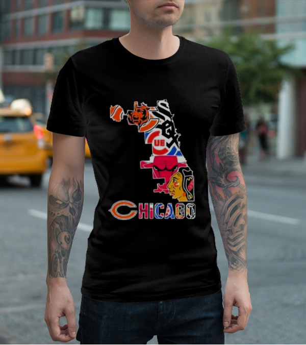 Chicago Bears Bulls Cubs White Sox Blackhawks Map T-Shirt
