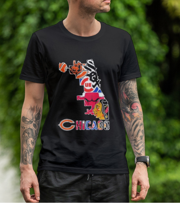Chicago Bears Bulls Cubs White Sox Blackhawks Map T-Shirt