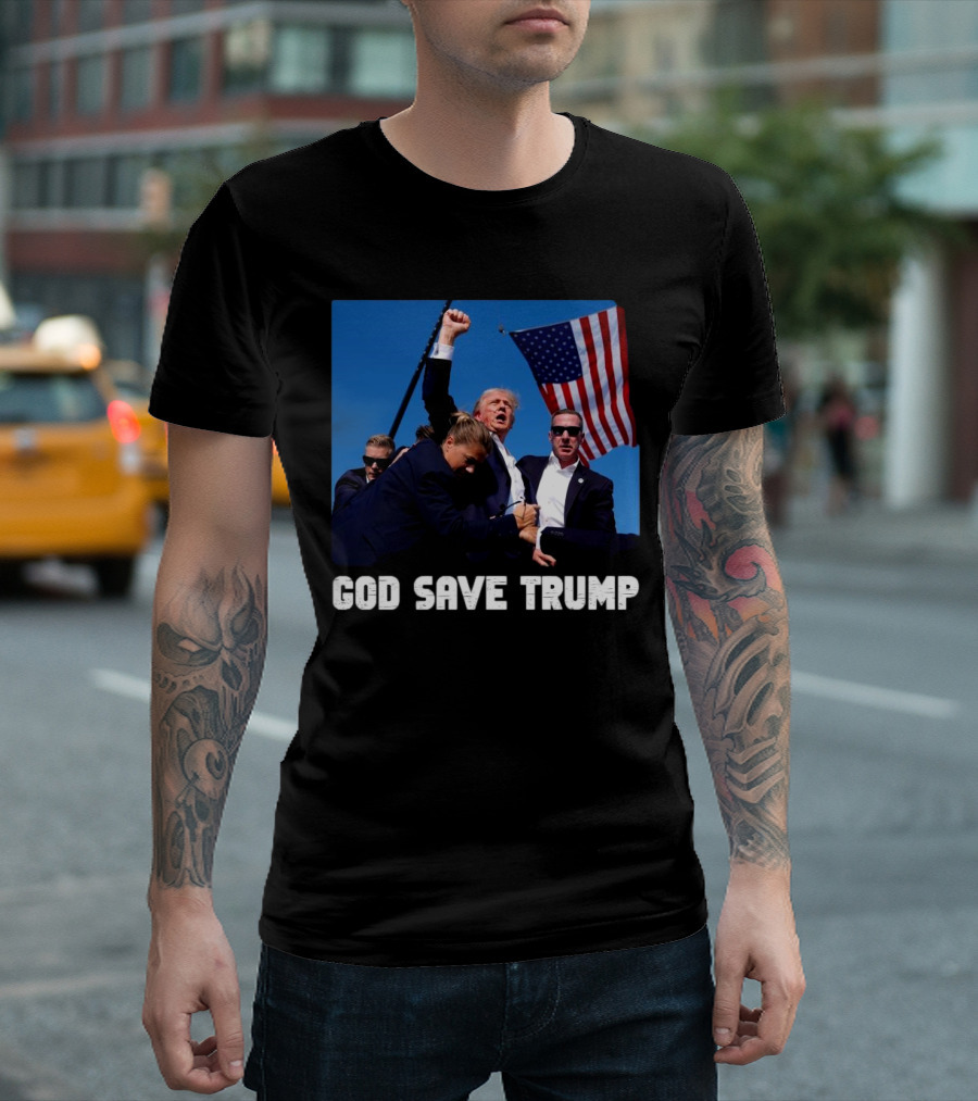 God Save Trump Rally with American Flag and Security Team T-Shirt