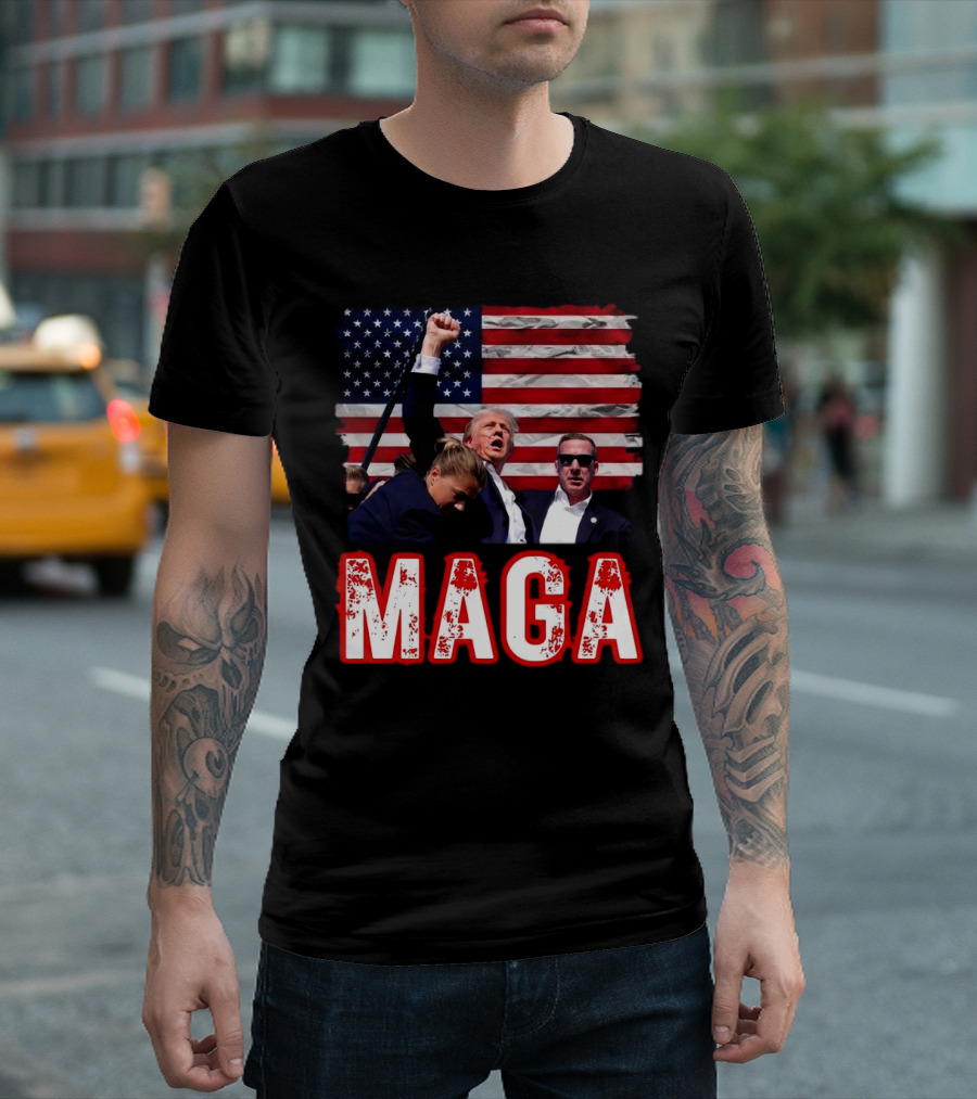 MAGA Trump Iconic Fist Raised With American Flag T-Shirt