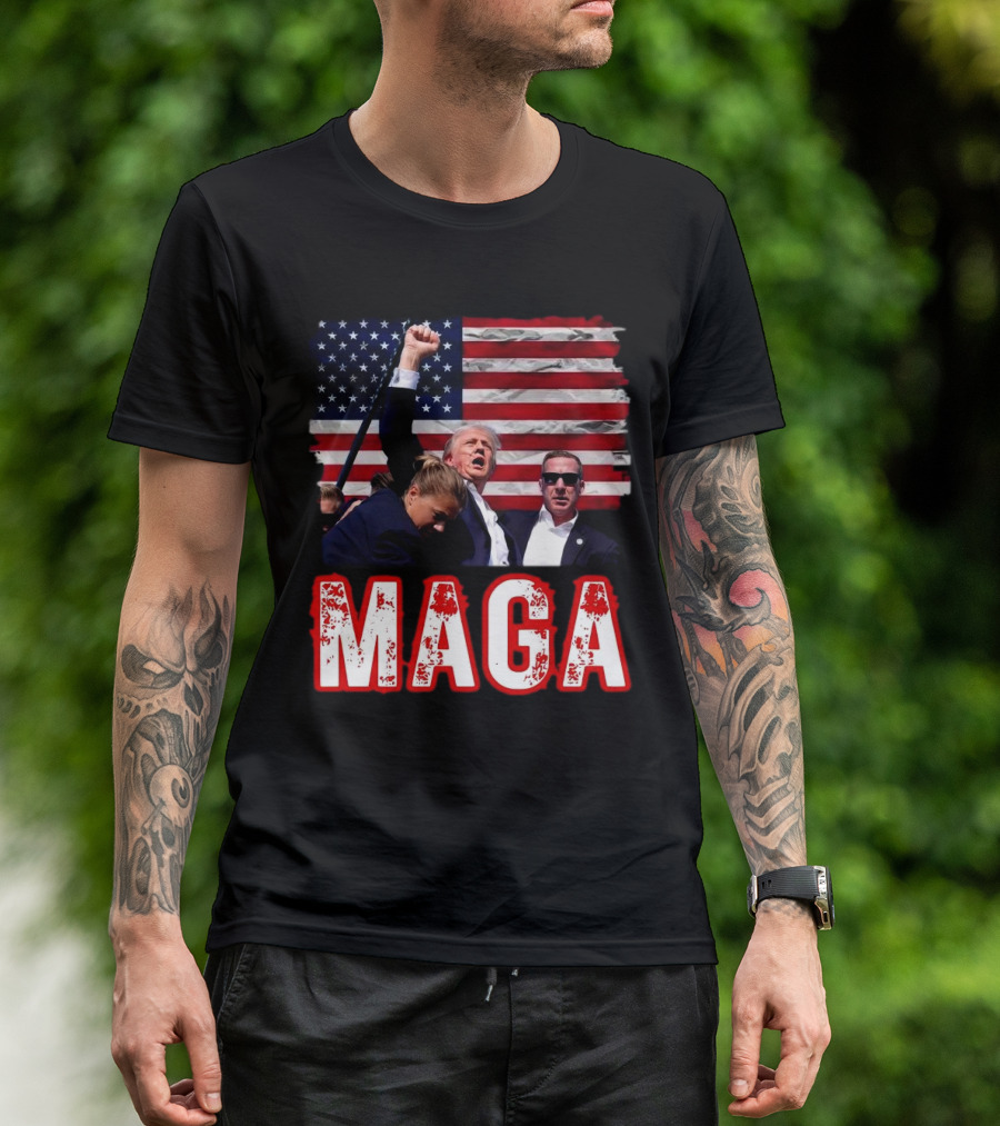 MAGA Trump Iconic Fist Raised With American Flag T-Shirt