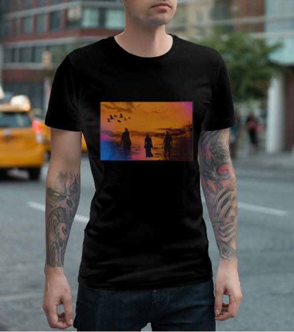 Sun Came Up Sofi Tukker Silhouettes Walking At Sunrise With Birds On Colorful Horizon T-Shirt