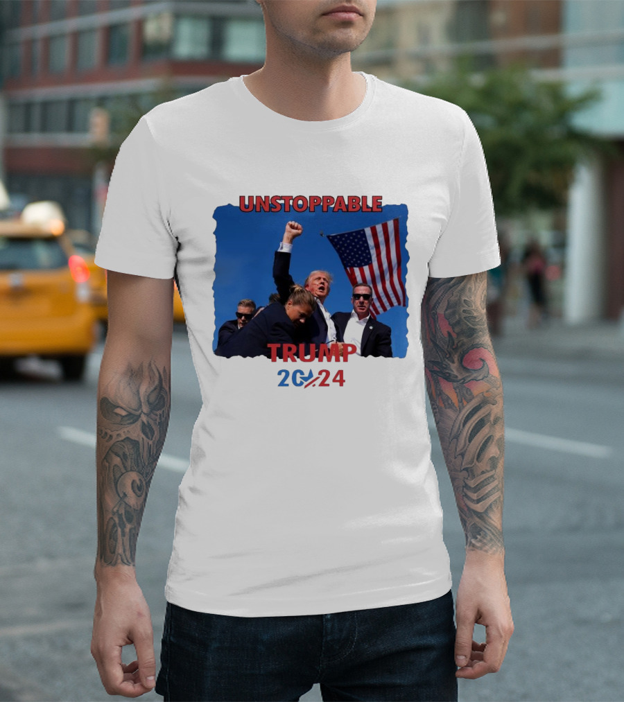 Unstoppable Trump 2024 Survived Trump Fight with American Flag Background T-Shirt