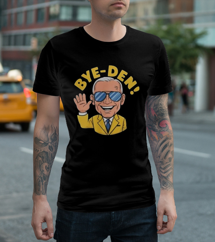 Bye-Den Cartoon Joe Biden Waving Sunglasses Yellow Jacket T-Shirt