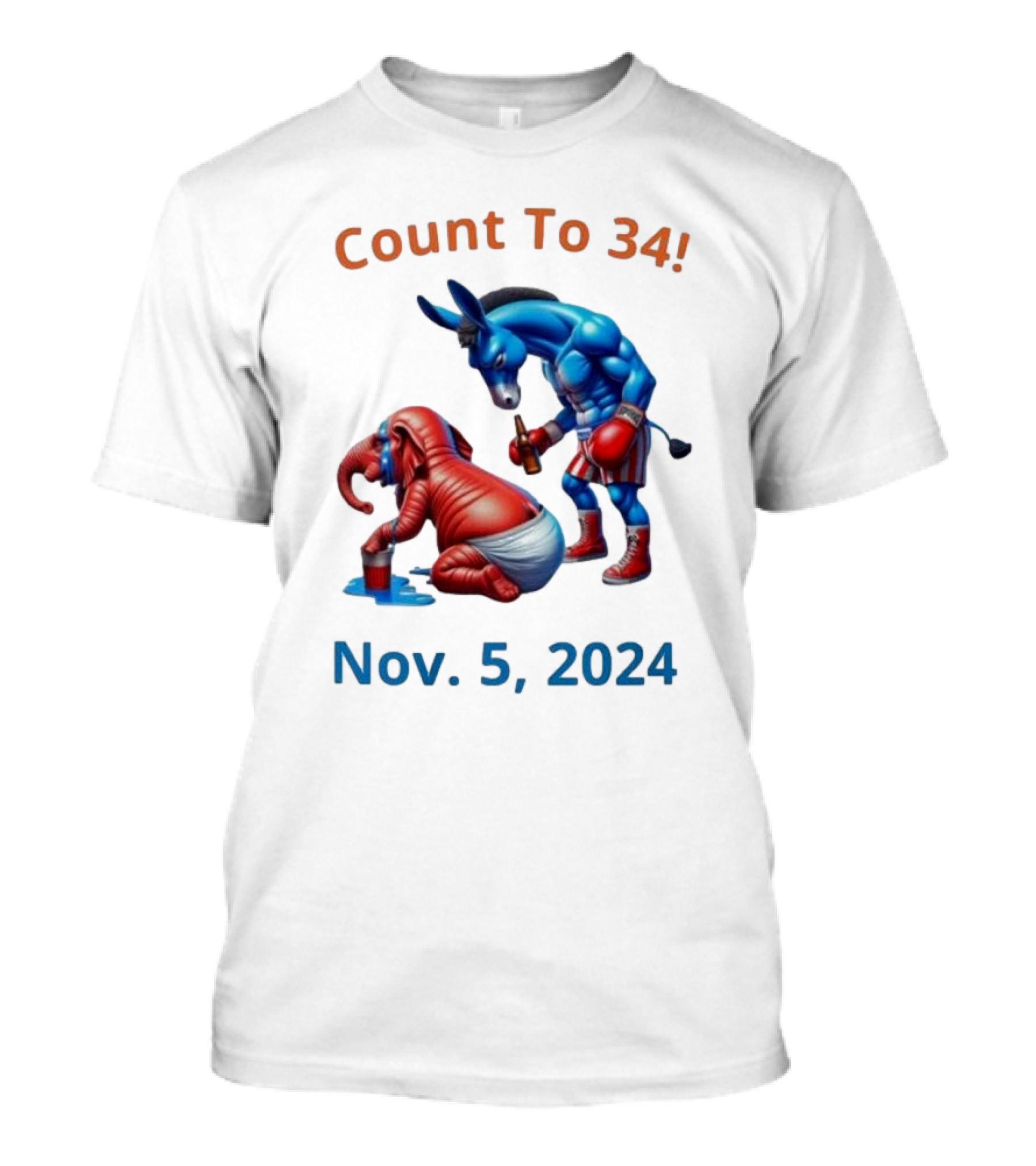 Count To 34 Nov 5 2024 Blue Donkey And Red Elephant Boxing Match T-Shirt