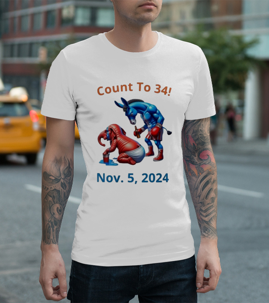 Count To 34 Nov 5 2024 Blue Donkey And Red Elephant Boxing Match T-Shirt