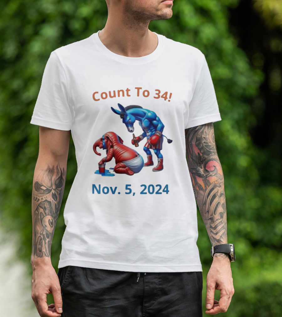 Count To 34 Nov 5 2024 Blue Donkey And Red Elephant Boxing Match T-Shirt
