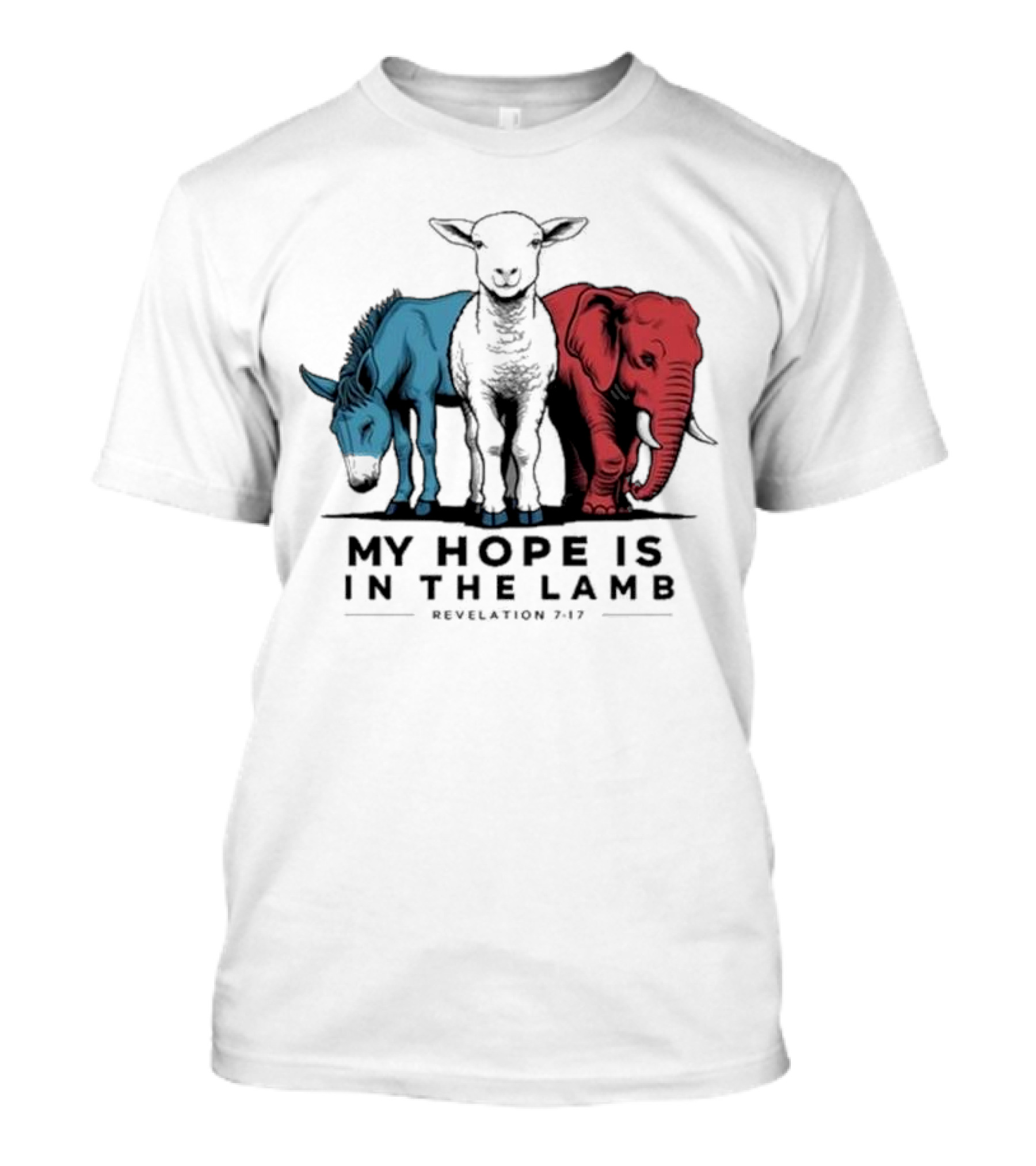 My Hope Is In The Lamb Revelation 7:17 With Blue Donkey Black Lamb Red Elephant T-Shirt