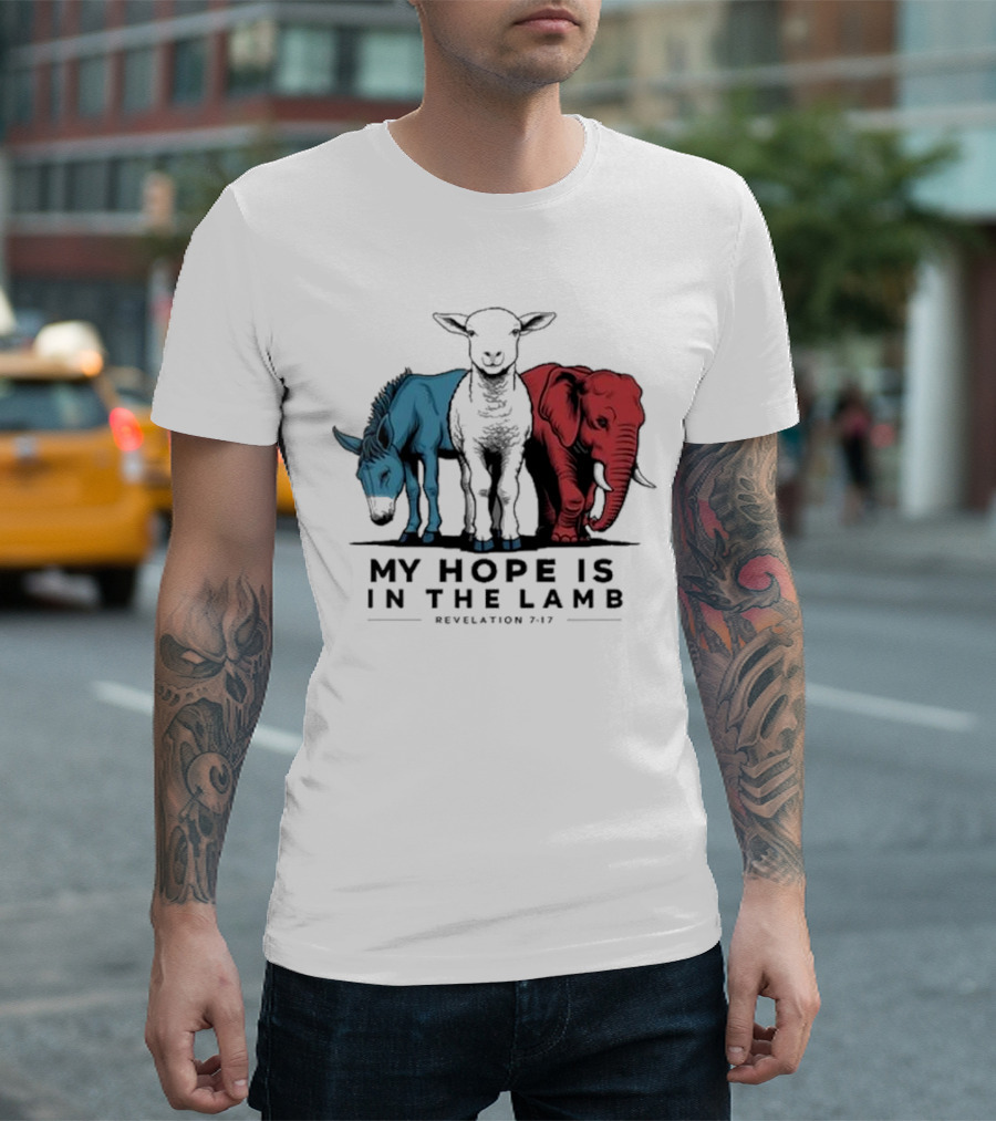 My Hope Is In The Lamb Revelation 7:17 With Blue Donkey Black Lamb Red Elephant T-Shirt