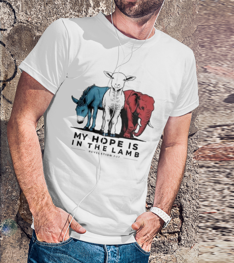 My Hope Is In The Lamb Revelation 7:17 With Blue Donkey Black Lamb Red Elephant T-Shirt