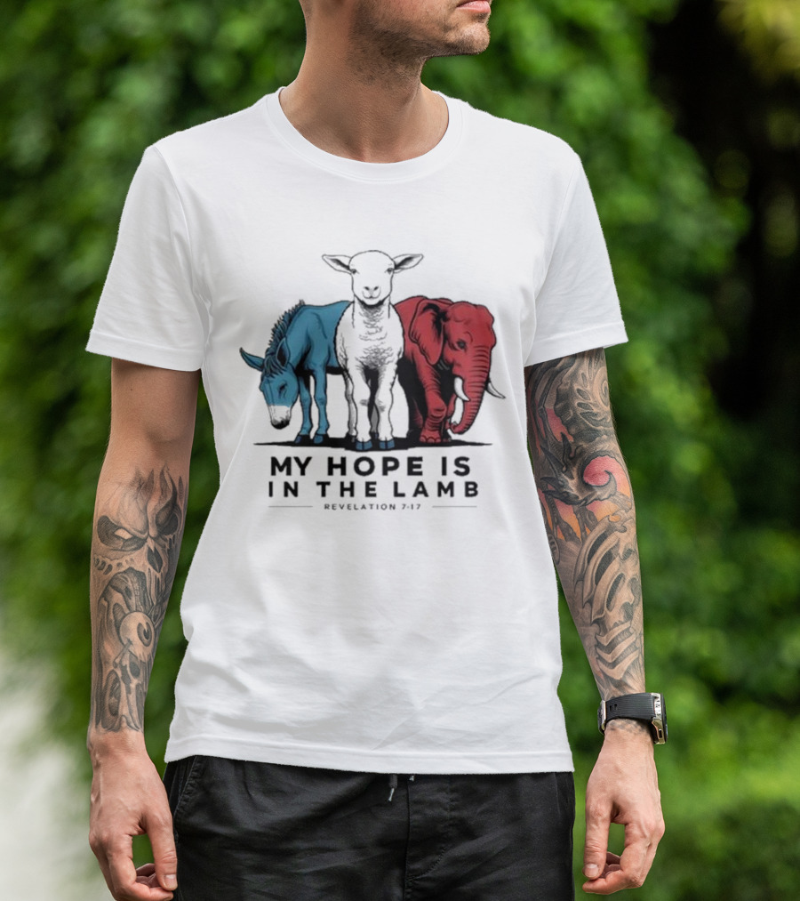 My Hope Is In The Lamb Revelation 7:17 With Blue Donkey Black Lamb Red Elephant T-Shirt