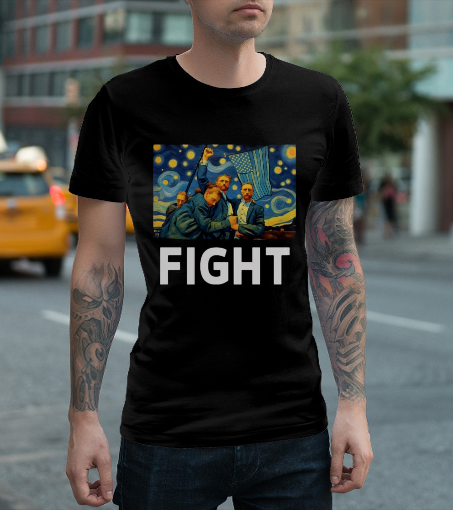 Fight Van Gogh Starry Night American Flag Fist Raised T-Shirt