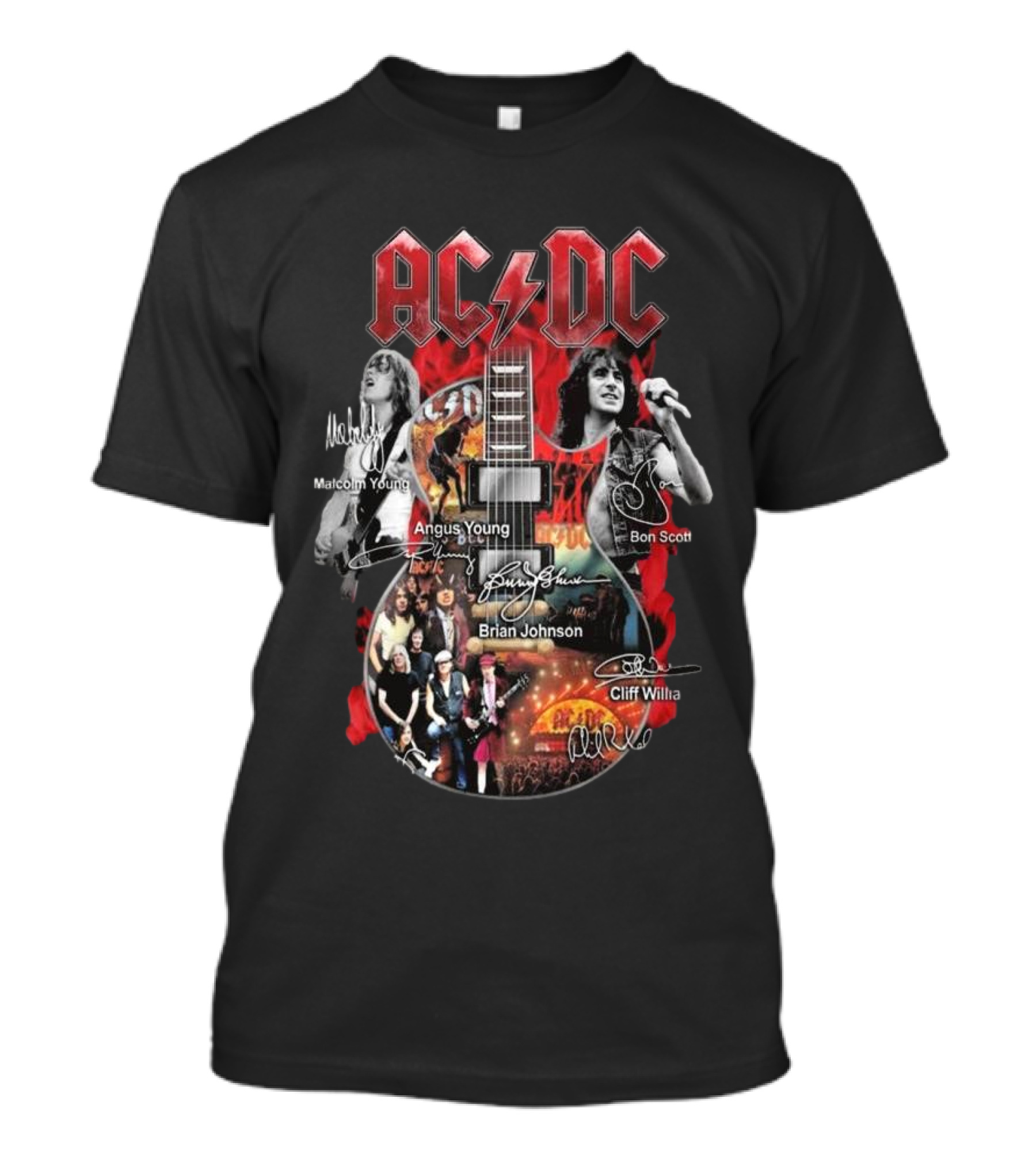 ACDC Members World Tour PWR Up 2024 Malcolm Young Angus Young Bon Scott Brian Johnson Cliff Willa Guitar Signatures T-Shirt
