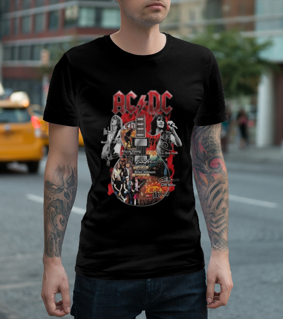 ACDC Members World Tour PWR Up 2024 Malcolm Young Angus Young Bon Scott Brian Johnson Cliff Willa Guitar Signatures T-Shirt