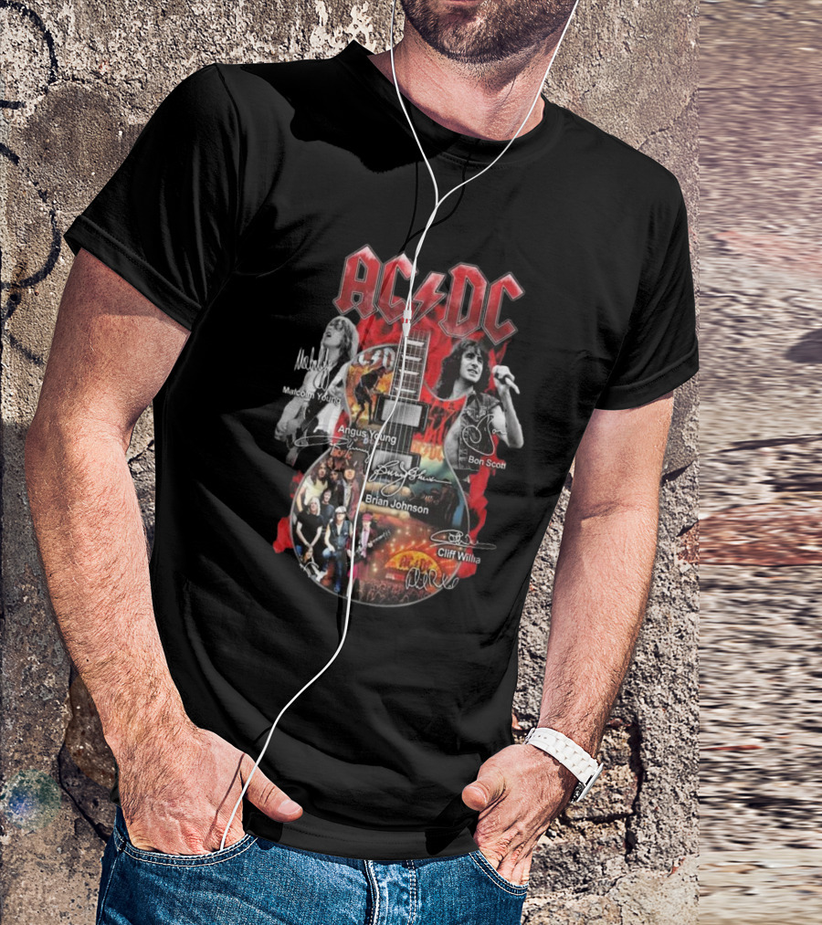 ACDC Members World Tour PWR Up 2024 Malcolm Young Angus Young Bon Scott Brian Johnson Cliff Willa Guitar Signatures T-Shirt