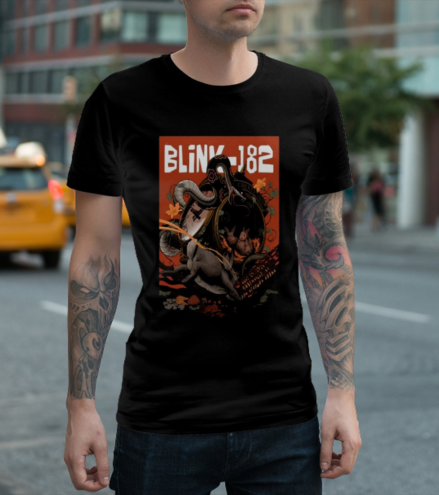 BLINK-182 Surreal Rabbits and Snakes on Motorcycle Orange Aesthetic T-Shirt